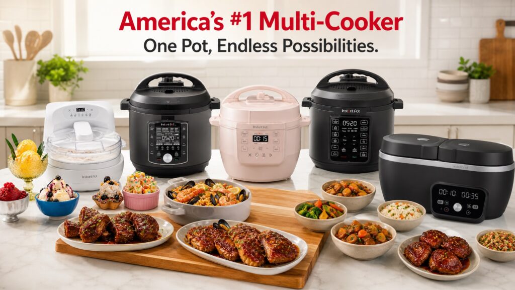 A banner showcasing America's #1 Multi-Cooker brand with a diverse lineup of Instant Pot multi-cookers and ice cream makers behind a wooden board filled with grilled meats, paella, and sides.