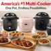 A banner showcasing America's #1 Multi-Cooker brand with a diverse lineup of Instant Pot multi-cookers and ice cream makers behind a wooden board filled with grilled meats, paella, and sides.