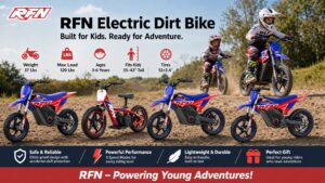 Banner group image displaying the entire family of RFN youth electric dirt bikes arranged on a dirt hill, featuring five models from balance bikes to advanced dirt bikes, with the slogan "RFN - Powering Young Adventures!".