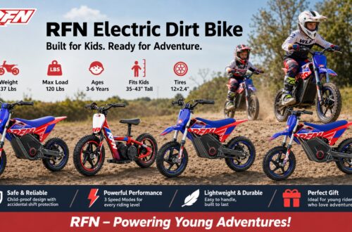 Banner group image displaying the entire family of RFN youth electric dirt bikes arranged on a dirt hill, featuring five models from balance bikes to advanced dirt bikes, with the slogan "RFN - Powering Young Adventures!".