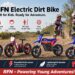 Banner group image displaying the entire family of RFN youth electric dirt bikes arranged on a dirt hill, featuring five models from balance bikes to advanced dirt bikes, with the slogan "RFN - Powering Young Adventures!".