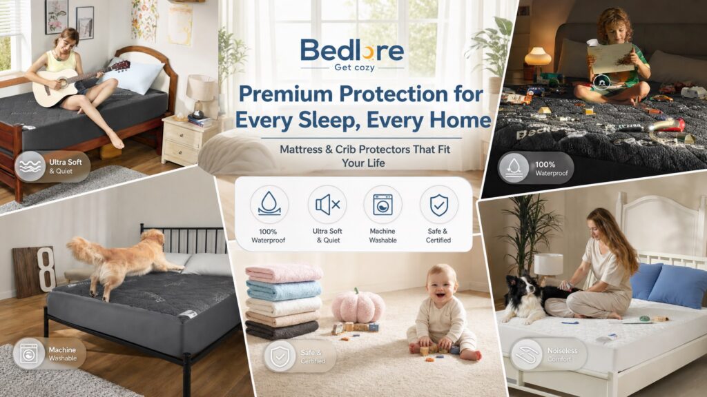 Lifestyle collage featuring BEDLORE bedding products under the headline "Premium Protection for Every Sleep, Every Home." Visuals include a girl playing guitar on a twin bed, a dog jumping playfully, a baby playing on the carpet with stacked towels, and a woman grooming her pet dog on a white bed.