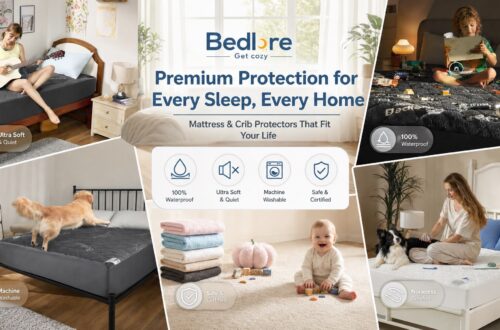 Lifestyle collage featuring BEDLORE bedding products under the headline "Premium Protection for Every Sleep, Every Home." Visuals include a girl playing guitar on a twin bed, a dog jumping playfully, a baby playing on the carpet with stacked towels, and a woman grooming her pet dog on a white bed.