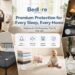 Lifestyle collage featuring BEDLORE bedding products under the headline "Premium Protection for Every Sleep, Every Home." Visuals include a girl playing guitar on a twin bed, a dog jumping playfully, a baby playing on the carpet with stacked towels, and a woman grooming her pet dog on a white bed.