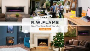 R.W.FLAME homepage banner featuring a collage of products for indoor warmth and outdoor living. Center text reads: "R.W.FLAME. Warm Your Home, Enrich Your Life. Blog & Guide". Background shows wall-mounted, mantel, and vintage fireplaces; a BBQ grill with a family; and a space heater with temperature gauge.