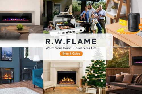 R.W.FLAME homepage banner featuring a collage of products for indoor warmth and outdoor living. Center text reads: "R.W.FLAME. Warm Your Home, Enrich Your Life. Blog & Guide". Background shows wall-mounted, mantel, and vintage fireplaces; a BBQ grill with a family; and a space heater with temperature gauge.
