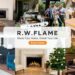 R.W.FLAME homepage banner featuring a collage of products for indoor warmth and outdoor living. Center text reads: "R.W.FLAME. Warm Your Home, Enrich Your Life. Blog & Guide". Background shows wall-mounted, mantel, and vintage fireplaces; a BBQ grill with a family; and a space heater with temperature gauge.