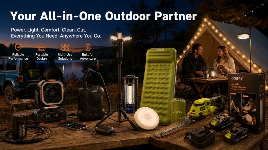 An OGERY Brand Overview image featuring a group of people at a lakeside campsite with various OGERY products spread out on a table: a tripod light, power station, portable fan, sleeping pad, grass shear, and string lights. Text reads "Your All-in-One Outdoor Partner" with brand values like Reliable Performance and Portable Design.