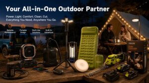 An OGERY Brand Overview image featuring a group of people at a lakeside campsite with various OGERY products spread out on a table: a tripod light, power station, portable fan, sleeping pad, grass shear, and string lights. Text reads "Your All-in-One Outdoor Partner" with brand values like Reliable Performance and Portable Design.