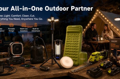 An OGERY Brand Overview image featuring a group of people at a lakeside campsite with various OGERY products spread out on a table: a tripod light, power station, portable fan, sleeping pad, grass shear, and string lights. Text reads "Your All-in-One Outdoor Partner" with brand values like Reliable Performance and Portable Design.
