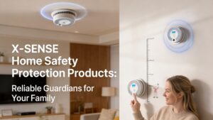 Marketing image titled 'X-SENSE Home Safety Protection Products: Reliable Guardians for Your Family', depicting a mother interacting with a wall-mounted alarm next to a child's growth chart while another alarm emits a visual safety wave signal above.
