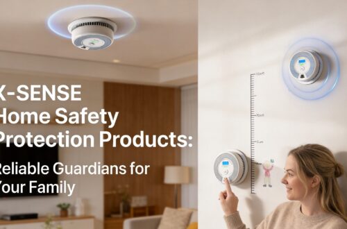 Marketing image titled 'X-SENSE Home Safety Protection Products: Reliable Guardians for Your Family', depicting a mother interacting with a wall-mounted alarm next to a child's growth chart while another alarm emits a visual safety wave signal above.