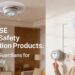 Marketing image titled 'X-SENSE Home Safety Protection Products: Reliable Guardians for Your Family', depicting a mother interacting with a wall-mounted alarm next to a child's growth chart while another alarm emits a visual safety wave signal above.