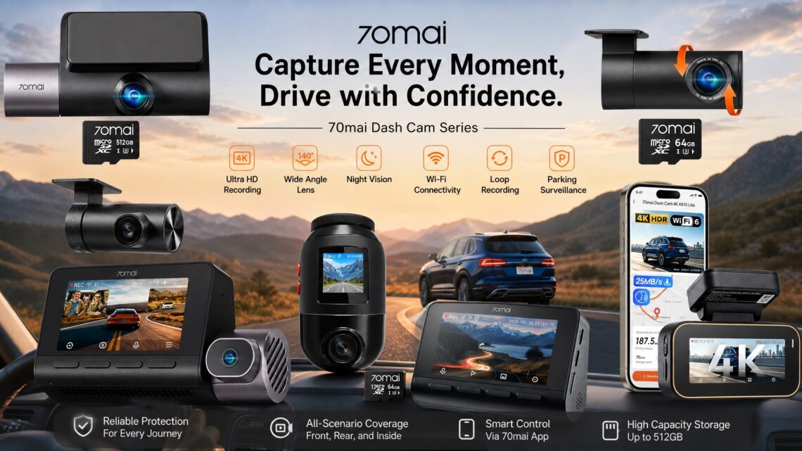 Overall promotional banner for the 70mai Dash Cam Series set against a mountainous background, emphasizing reliable protection, all-scenario coverage, high-capacity storage, and smart control.