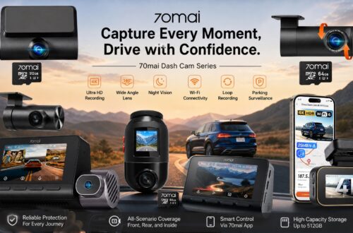 Overall promotional banner for the 70mai Dash Cam Series set against a mountainous background, emphasizing reliable protection, all-scenario coverage, high-capacity storage, and smart control.