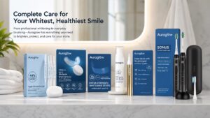 A wide shot of the Auraglow premium product ecosystem showcasing the blue packaging boxes, gels, toothbrushes, and accessories under the slogan "Complete Care for Your Whitest, Healthiest Smile".