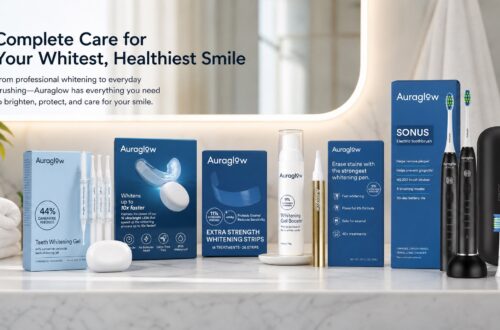 A wide shot of the Auraglow premium product ecosystem showcasing the blue packaging boxes, gels, toothbrushes, and accessories under the slogan "Complete Care for Your Whitest, Healthiest Smile".