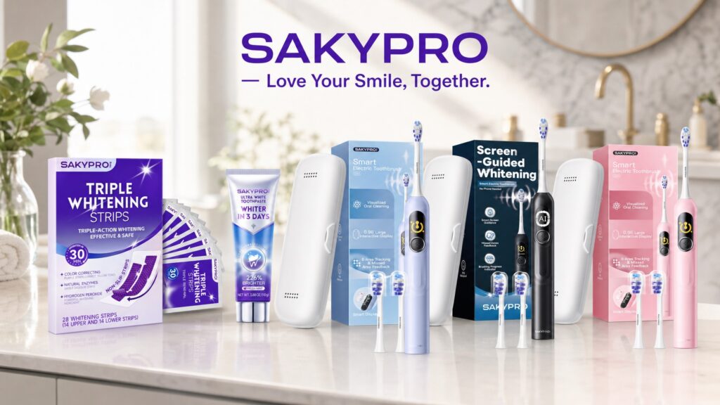Full collection of SAKYPRO oral care products on a bright bathroom counter, featuring the brand slogan "SAKYPRO — Love Your Smile, Together" in bold purple lettering at the top.