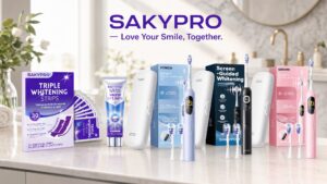 Full collection of SAKYPRO oral care products on a bright bathroom counter, featuring the brand slogan "SAKYPRO — Love Your Smile, Together" in bold purple lettering at the top.