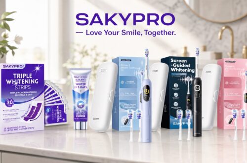 Full collection of SAKYPRO oral care products on a bright bathroom counter, featuring the brand slogan "SAKYPRO — Love Your Smile, Together" in bold purple lettering at the top.