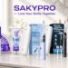 Full collection of SAKYPRO oral care products on a bright bathroom counter, featuring the brand slogan "SAKYPRO — Love Your Smile, Together" in bold purple lettering at the top.