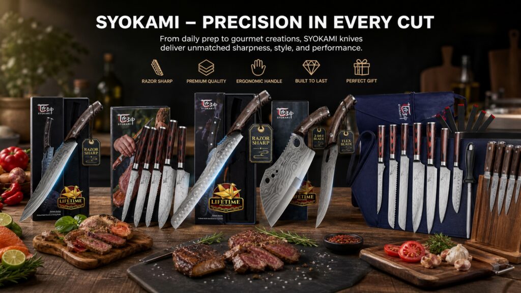Comprehensive showcase banner of SYOKAMI knives and sets displayed on a rustic wooden table with cooked steak, fresh veggies, and a wooden knife block.