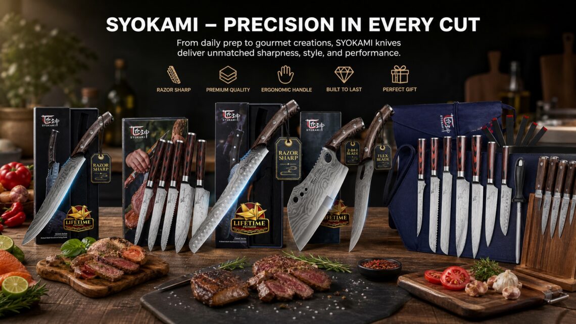 Comprehensive showcase banner of SYOKAMI knives and sets displayed on a rustic wooden table with cooked steak, fresh veggies, and a wooden knife block.
