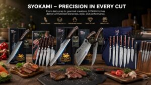 Comprehensive showcase banner of SYOKAMI knives and sets displayed on a rustic wooden table with cooked steak, fresh veggies, and a wooden knife block.