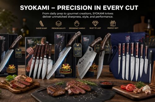 Comprehensive showcase banner of SYOKAMI knives and sets displayed on a rustic wooden table with cooked steak, fresh veggies, and a wooden knife block.