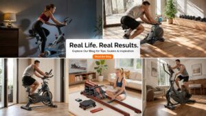 A blog promotion collage banner for YOSUDA featuring five grid photos of everyday people working out on various YOSUDA indoor cardio machines with the headline "Real Life. Real Results."