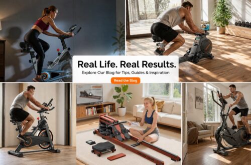 A blog promotion collage banner for YOSUDA featuring five grid photos of everyday people working out on various YOSUDA indoor cardio machines with the headline "Real Life. Real Results."