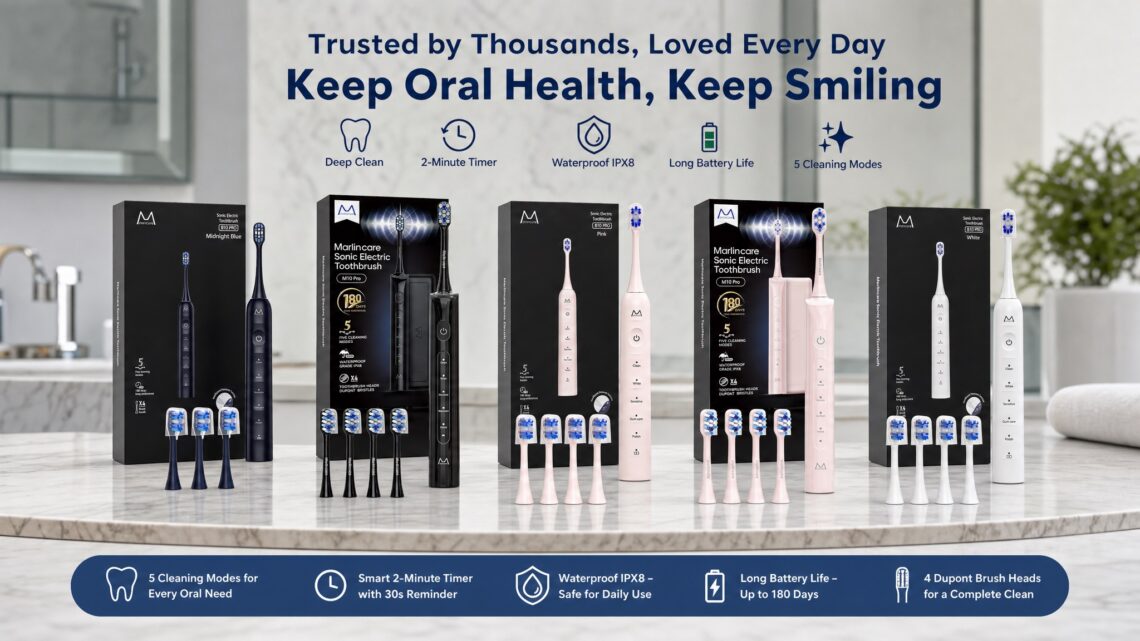 A full display of the Marlincare electric toothbrush series on a modern bathroom vanity. From left to right are the Midnight Blue, Black, Pink, and White toothbrushes and their packaging boxes, with 4 matching brush heads neatly arranged in front of each box. The top text "Keep Oral Health, Keep Smiling" and function icons emphasize key selling points like 5 modes, timer, waterproofing, and long battery life. The bottom section lists specific icons for the 5 cleaning modes, smart timer, IPX8 waterproof rating, 180-day battery life, and DuPont brush heads info.