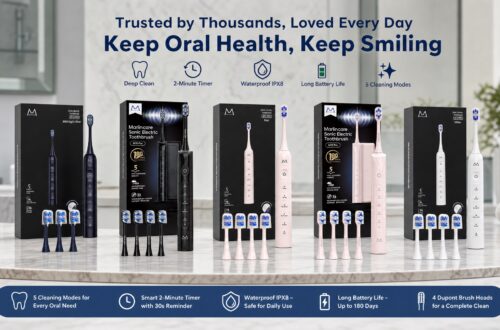 A full display of the Marlincare electric toothbrush series on a modern bathroom vanity. From left to right are the Midnight Blue, Black, Pink, and White toothbrushes and their packaging boxes, with 4 matching brush heads neatly arranged in front of each box. The top text "Keep Oral Health, Keep Smiling" and function icons emphasize key selling points like 5 modes, timer, waterproofing, and long battery life. The bottom section lists specific icons for the 5 cleaning modes, smart timer, IPX8 waterproof rating, 180-day battery life, and DuPont brush heads info.