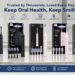 A full display of the Marlincare electric toothbrush series on a modern bathroom vanity. From left to right are the Midnight Blue, Black, Pink, and White toothbrushes and their packaging boxes, with 4 matching brush heads neatly arranged in front of each box. The top text "Keep Oral Health, Keep Smiling" and function icons emphasize key selling points like 5 modes, timer, waterproofing, and long battery life. The bottom section lists specific icons for the 5 cleaning modes, smart timer, IPX8 waterproof rating, 180-day battery life, and DuPont brush heads info.