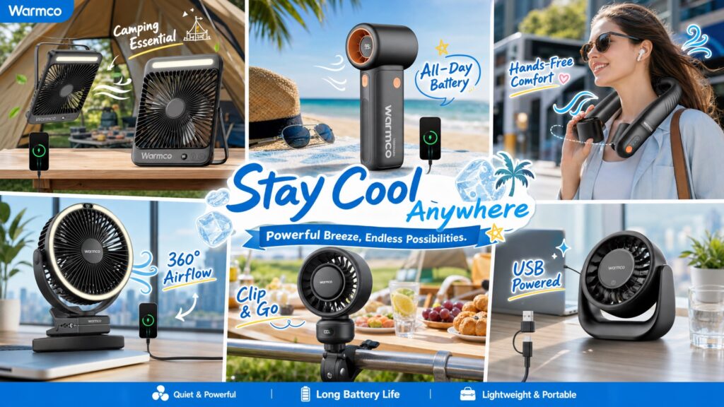 A multi-functional application scene infographic image for Warmco brand portable fans, using a mosaic design to show 7 different usage scenarios. At the very top is the Warmco brand logo. In the middle, there is an English title "Stay Cool Anywhere" and subtitle "Powerful Breeze, Endless Possibilities.". At the top-left, there is an outdoor camping scene, showing a black, round, clip-on fan clipped to a tent bracket with English text "Camping Essential" and a black, square, multi-functional fan on a table with English text "Phone Charging". At the top-right, there is a beach scene, showing a black handheld mini fan with English text "All-Day Battery" and a young woman with sunglasses wearing a neck fan with English text "Hands-Free Comfort". At the bottom-left, a black clip fan with an LED light ring clipped to a tent bracket with English text "360° Airflow" and a black round clip fan clipped to a stroller with English text "Clip & Go". At the bottom-right, there is an office desk scene, showing a black round desk fan with English text "USB Powered". At the very bottom are three small icons, each with English text "Quiet & Powerful", "Long Battery Life" and "Lightweight & Portable". The overall style is bright and full of vitality.