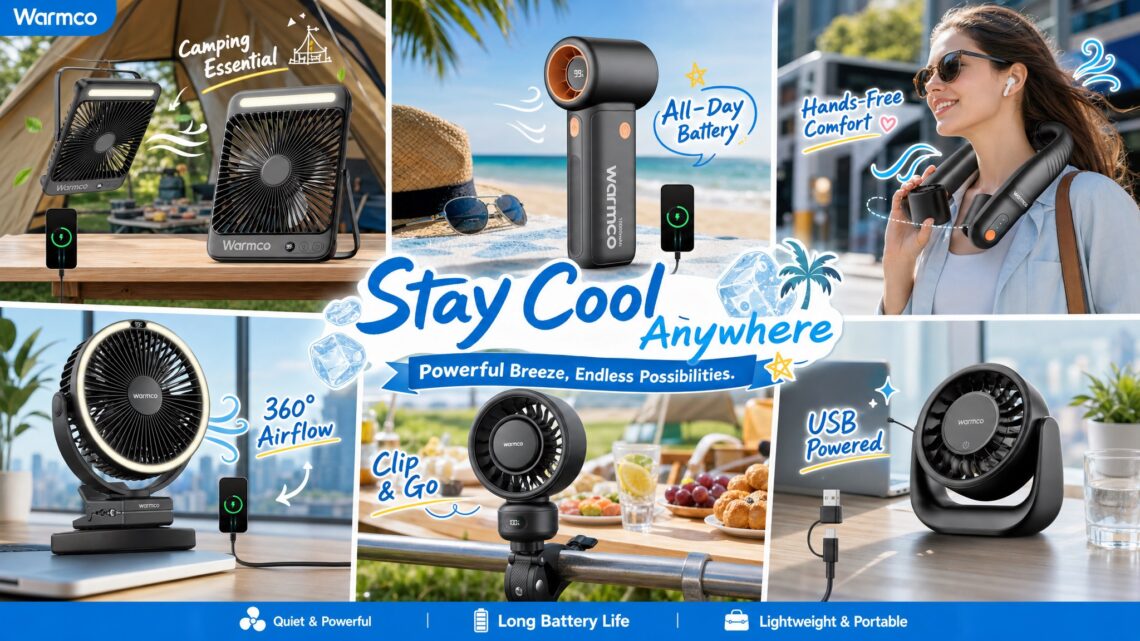 A multi-functional application scene infographic image for Warmco brand portable fans, using a mosaic design to show 7 different usage scenarios. At the very top is the Warmco brand logo. In the middle, there is an English title "Stay Cool Anywhere" and subtitle "Powerful Breeze, Endless Possibilities.". At the top-left, there is an outdoor camping scene, showing a black, round, clip-on fan clipped to a tent bracket with English text "Camping Essential" and a black, square, multi-functional fan on a table with English text "Phone Charging". At the top-right, there is a beach scene, showing a black handheld mini fan with English text "All-Day Battery" and a young woman with sunglasses wearing a neck fan with English text "Hands-Free Comfort". At the bottom-left, a black clip fan with an LED light ring clipped to a tent bracket with English text "360° Airflow" and a black round clip fan clipped to a stroller with English text "Clip & Go". At the bottom-right, there is an office desk scene, showing a black round desk fan with English text "USB Powered". At the very bottom are three small icons, each with English text "Quiet & Powerful", "Long Battery Life" and "Lightweight & Portable". The overall style is bright and full of vitality.
