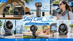 A multi-functional application scene infographic image for Warmco brand portable fans, using a mosaic design to show 7 different usage scenarios. At the very top is the Warmco brand logo. In the middle, there is an English title "Stay Cool Anywhere" and subtitle "Powerful Breeze, Endless Possibilities.". At the top-left, there is an outdoor camping scene, showing a black, round, clip-on fan clipped to a tent bracket with English text "Camping Essential" and a black, square, multi-functional fan on a table with English text "Phone Charging". At the top-right, there is a beach scene, showing a black handheld mini fan with English text "All-Day Battery" and a young woman with sunglasses wearing a neck fan with English text "Hands-Free Comfort". At the bottom-left, a black clip fan with an LED light ring clipped to a tent bracket with English text "360° Airflow" and a black round clip fan clipped to a stroller with English text "Clip & Go". At the bottom-right, there is an office desk scene, showing a black round desk fan with English text "USB Powered". At the very bottom are three small icons, each with English text "Quiet & Powerful", "Long Battery Life" and "Lightweight & Portable". The overall style is bright and full of vitality.