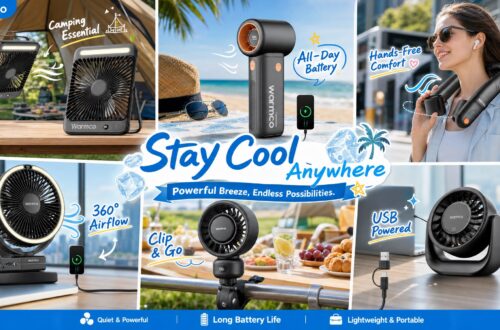 A multi-functional application scene infographic image for Warmco brand portable fans, using a mosaic design to show 7 different usage scenarios. At the very top is the Warmco brand logo. In the middle, there is an English title "Stay Cool Anywhere" and subtitle "Powerful Breeze, Endless Possibilities.". At the top-left, there is an outdoor camping scene, showing a black, round, clip-on fan clipped to a tent bracket with English text "Camping Essential" and a black, square, multi-functional fan on a table with English text "Phone Charging". At the top-right, there is a beach scene, showing a black handheld mini fan with English text "All-Day Battery" and a young woman with sunglasses wearing a neck fan with English text "Hands-Free Comfort". At the bottom-left, a black clip fan with an LED light ring clipped to a tent bracket with English text "360° Airflow" and a black round clip fan clipped to a stroller with English text "Clip & Go". At the bottom-right, there is an office desk scene, showing a black round desk fan with English text "USB Powered". At the very bottom are three small icons, each with English text "Quiet & Powerful", "Long Battery Life" and "Lightweight & Portable". The overall style is bright and full of vitality.