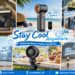 A multi-functional application scene infographic image for Warmco brand portable fans, using a mosaic design to show 7 different usage scenarios. At the very top is the Warmco brand logo. In the middle, there is an English title "Stay Cool Anywhere" and subtitle "Powerful Breeze, Endless Possibilities.". At the top-left, there is an outdoor camping scene, showing a black, round, clip-on fan clipped to a tent bracket with English text "Camping Essential" and a black, square, multi-functional fan on a table with English text "Phone Charging". At the top-right, there is a beach scene, showing a black handheld mini fan with English text "All-Day Battery" and a young woman with sunglasses wearing a neck fan with English text "Hands-Free Comfort". At the bottom-left, a black clip fan with an LED light ring clipped to a tent bracket with English text "360° Airflow" and a black round clip fan clipped to a stroller with English text "Clip & Go". At the bottom-right, there is an office desk scene, showing a black round desk fan with English text "USB Powered". At the very bottom are three small icons, each with English text "Quiet & Powerful", "Long Battery Life" and "Lightweight & Portable". The overall style is bright and full of vitality.