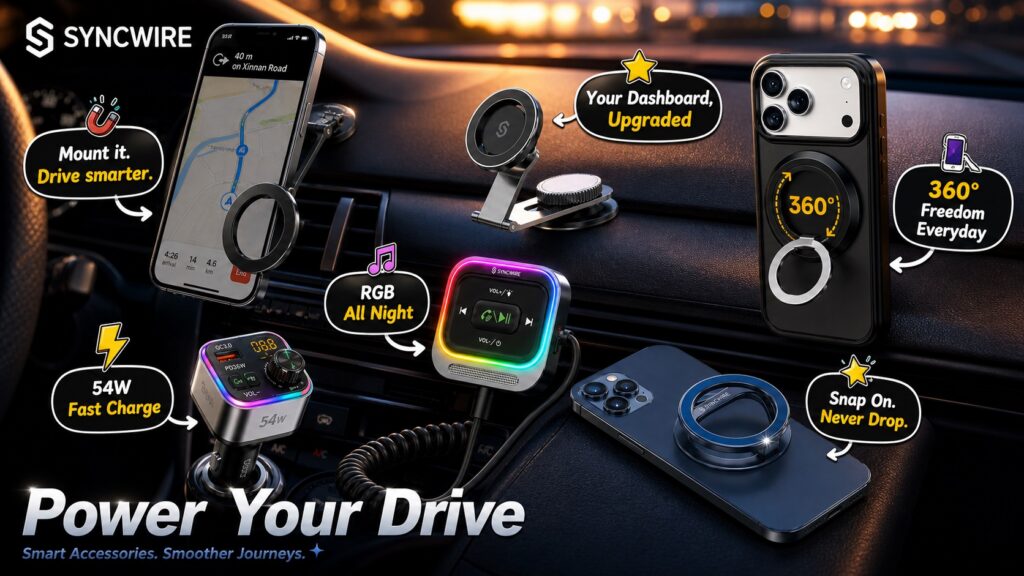 A comprehensive showcase of Syncwire premium smart car accessories inside a vehicle cabin under the slogan 'Power Your Drive'. Featured products include MagSafe car mounts, phone ring stands, a Bluetooth receiver, and a 54W FM transmitter charger.