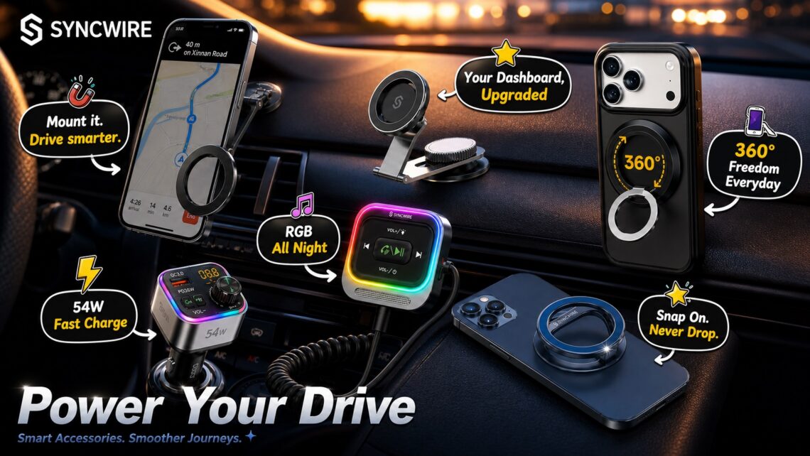 A comprehensive showcase of Syncwire premium smart car accessories inside a vehicle cabin under the slogan 'Power Your Drive'. Featured products include MagSafe car mounts, phone ring stands, a Bluetooth receiver, and a 54W FM transmitter charger.
