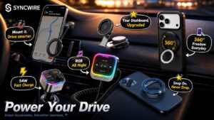 A comprehensive showcase of Syncwire premium smart car accessories inside a vehicle cabin under the slogan 'Power Your Drive'. Featured products include MagSafe car mounts, phone ring stands, a Bluetooth receiver, and a 54W FM transmitter charger.