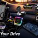 A comprehensive showcase of Syncwire premium smart car accessories inside a vehicle cabin under the slogan 'Power Your Drive'. Featured products include MagSafe car mounts, phone ring stands, a Bluetooth receiver, and a 54W FM transmitter charger.