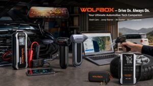 Panoramic promotional image for WOLFBOX "Drive On. Always On. Your Ultimate Automotive Tech Companion." Left side large text: "WOLFBOX – Drive On. Always On. Your Ultimate Automotive Tech Companion." Right side points to features: Dash Cam, Jump Starter, Air Duster, Air Compressor.