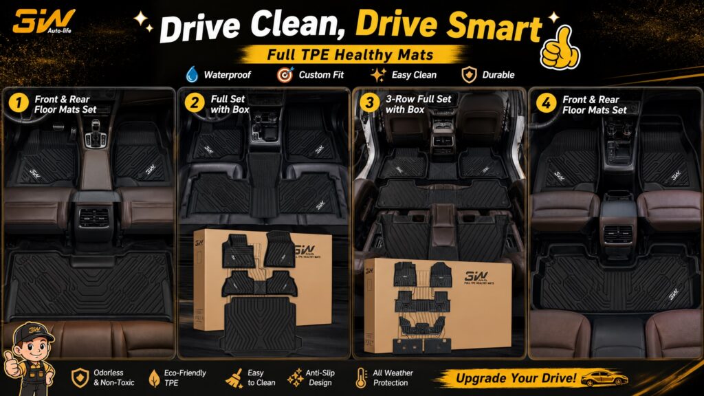 This is a multi-column promotional image with the slogans "Drive Clean, Drive Smart" and "Full TPE Healthy Mats" along with a cartoon thumbs-up at the top, and four icons indicating "Waterproof," "Custom Fit," "Easy Clean," and "Durable." Below are four main showcase sections, each with a number and title, and an icon.