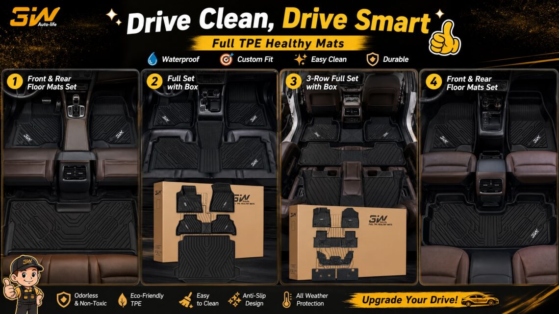 This is a multi-column promotional image with the slogans "Drive Clean, Drive Smart" and "Full TPE Healthy Mats" along with a cartoon thumbs-up at the top, and four icons indicating "Waterproof," "Custom Fit," "Easy Clean," and "Durable." Below are four main showcase sections, each with a number and title, and an icon.