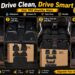 This is a multi-column promotional image with the slogans "Drive Clean, Drive Smart" and "Full TPE Healthy Mats" along with a cartoon thumbs-up at the top, and four icons indicating "Waterproof," "Custom Fit," "Easy Clean," and "Durable." Below are four main showcase sections, each with a number and title, and an icon.