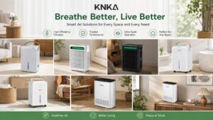 KNKA brand banner featuring the slogan Breathe Better Live Better and showcasing a grid of seven lifestyle images of premium air purifiers and dehumidifiers placed across different cozy home environments.