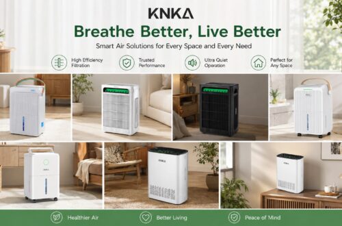 KNKA brand banner featuring the slogan Breathe Better Live Better and showcasing a grid of seven lifestyle images of premium air purifiers and dehumidifiers placed across different cozy home environments.