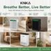KNKA brand banner featuring the slogan Breathe Better Live Better and showcasing a grid of seven lifestyle images of premium air purifiers and dehumidifiers placed across different cozy home environments.